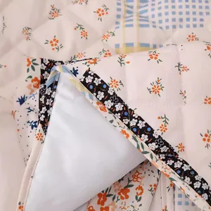 Close-up of a floral quilted jacket with orange flower patterns and white lining.