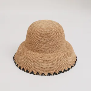 Japanese Retro Raffia Straw Sun Hat For Women Scalloped Edge Foldable Round Top Basin Hat For Summer Beach Vacation