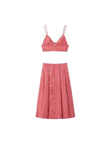 Ensemble d'Été pour Femme Rayures Rouges et Blanches Crop Top Col en V et Jupe Midi Trapèze Taille Haute