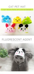 Various cartoon animal-themed plush pet hats featuring panda, rabbit, and frog designs.