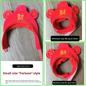 Red plush fortune hat for pets with head circumference measurement guide details