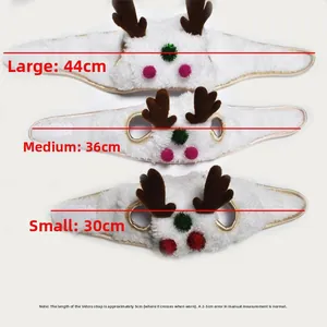 Detailed view of three available sizes for white plush reindeer Christmas hat for pets.