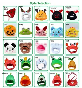 Comprehensive selection of cartoon plush pet hats in various animal and fruit designs