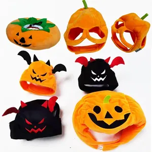 Various Halloween themed plush hats for cats and dogs featuring pumpkin and devil designs.