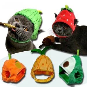Cute fruit-shaped plush hats for cats and small dogs including strawberry and avocado styles