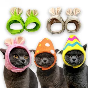 Selection of cute plush pet hats featuring rabbit ears and colorful patterns for cats