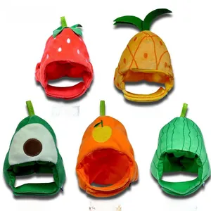 Detail of cute plush fruit-themed pet hats including strawberry and pineapple shapes