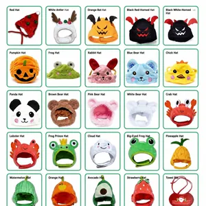 Collection of various pet hats including animal, fruit, and holiday themes for cats and dogs