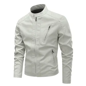 Men's slim fit light grey PU leather motorcycle jacket featuring a stylish stand collar
