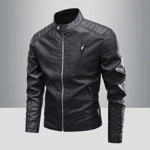 Men's sleek black PU leather motorcycle jacket with stand collar and zipper pockets