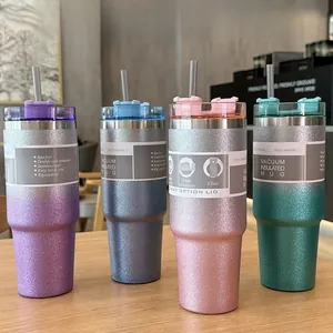 890ml glitter gradient stainless steel vacuum insulated tumbler with straw and lid