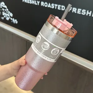 Detail of pink glitter gradient travel tumbler with 3-way multi-function lid.