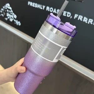 Macro detail of purple glitter gradient stainless steel tumbler with straw
