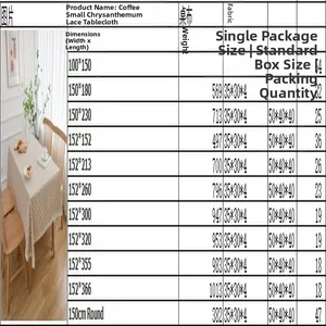 Size chart and specifications for coffee daisy floral print lace tablecloth details
