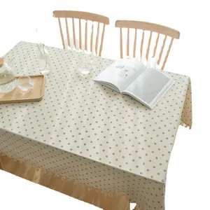 Pastoral style cotton linen tablecloth with blue daisy floral print and tassel edges