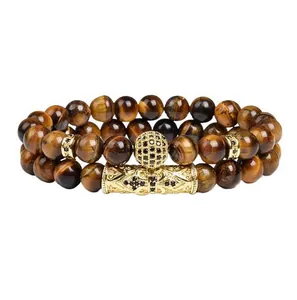 Handgefertigtes 8mm Tigerauge-Perlenarmband-Set mit goldfarbenen Mikro-Pave-Akzenten