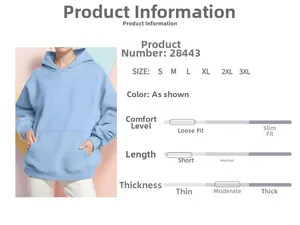 Detailed product info of oversized light blue hoodie with sizing chart and fabric details