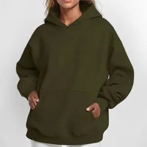 Close-up front view detail of an oversized olive green hooded sweatshirt for women