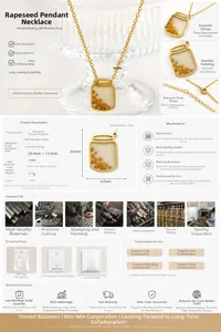 Detailed view and technical specifications of a golden mustard seed jar pendant necklace