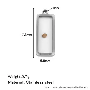 Detailed view of rectangular stainless steel mustard seed pendant with size dimensions