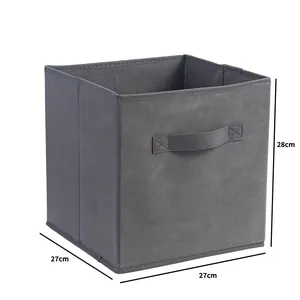 Grijze opvouwbare stoffen opbergbox met afmetingen 27x27x28cm voor thuisgebruik