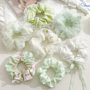 Damen Süße Grüne Blumen Scrunchies Stoff Spitze Chiffon Haargummis Pastoraler Stil Schleife Haarbänder Mädchen Haar Accessoires