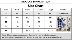 Detailed size chart for the long plaid plush coat with measurement notes