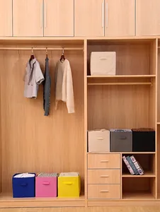 Detailed view of colorful foldable non-woven storage cubes organized in a wardrobe
