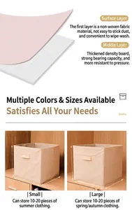 Detail of foldable non-woven storage box showing material layers and size comparison