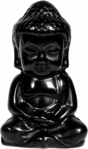 Detaillierte Vorderansicht einer handgeschnitzten Baby-Buddha-Statue aus schwarzem Obsidian für Deko