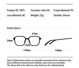 Technische specificaties en maattabel voor retro aviator zonnebrillen met UV-bescherming.