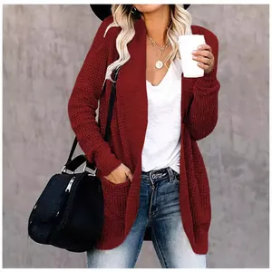 Stylish women's wine red open front knit cardigan sweater with a curved placket