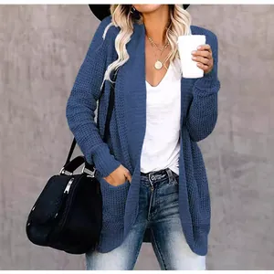 Fashionable women's blue waffle knit open front cardigan with curved hem for fall