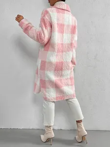 Back view of a stylish pink and white checkered plush long coat with soft fuzzy texture