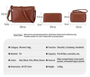Detailed dimensions and specifications for 3-piece brown diamond-quilted bag set.
