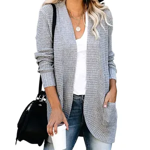 Women's gray knit cardigan sweater with curved hem for autumn and winter casual wear