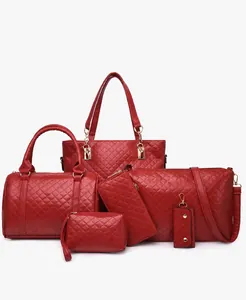 Front view of a luxury red 6-piece quilted handbag set with elegant gold hardware