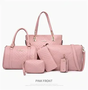 Front view of 6-piece pink handbag set including tote, shoulder bag, and accessories.