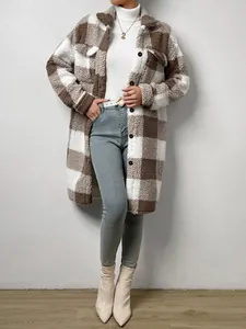 Detailed view of women's long checkered plush coat for autumn and winter