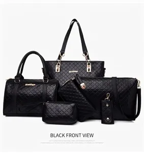 Professional six-piece set of black quilted handbags for women featuring elegant gold hardware
