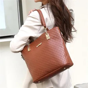 Elegant brown quilted tote bag with gold chain hardware and diamond pattern for women