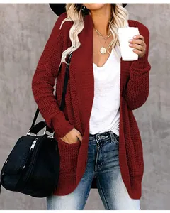 Women's chunky wine red knitted cardigan sweater with open front design and pockets