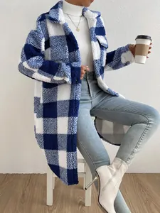 Blue and white plaid plush coat for women featuring a lapel collar and loose fit.