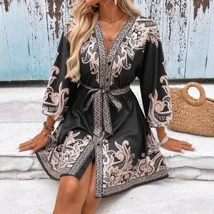 Elegant bohemian black paisley print V-neck summer dress with waist tie and mid sleeves