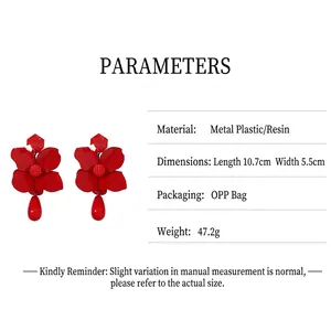 Detailed specifications for these oversized red floral waterdrop earrings with measurements