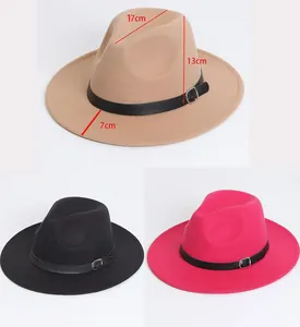 Detailed product measurements for felt fedora hat shown in khaki black and rose pink variants