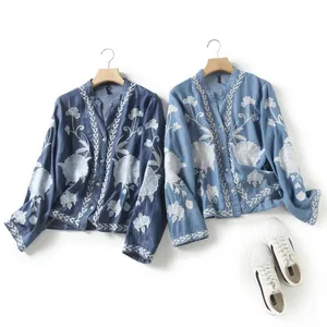 Ethnic style V-neck Tencel shirt with floral embroidery in dark and light blue