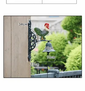 Detailed view showing dimensions of cast iron rooster door bell for garden wall decor