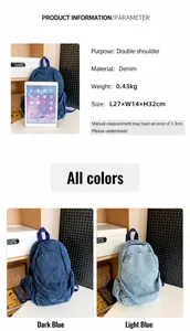 Produktspezifikationen und Farbauswahl für den Vintage-Rucksack aus Denimstoff.