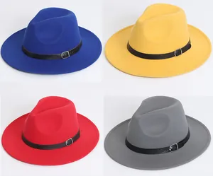 Set of classic solid color wool felt fedora hats in blue, yellow, red, and grey options.